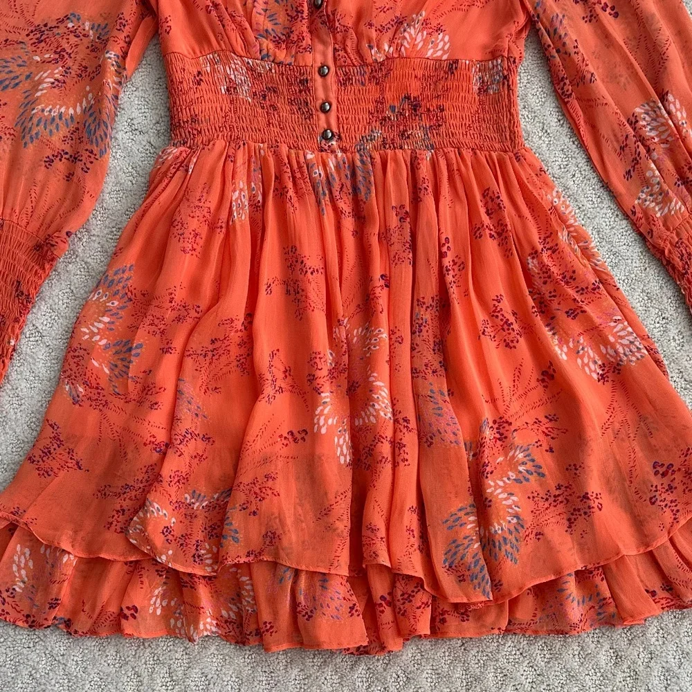 Free People Long Sleeve Smocked Mini Dress Orange XS Boho Festival Romantic
